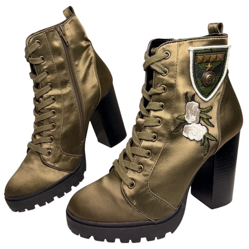 Steve Madden Laurie Olive Satin Floral Embroidered Platform Booties Womens 8M